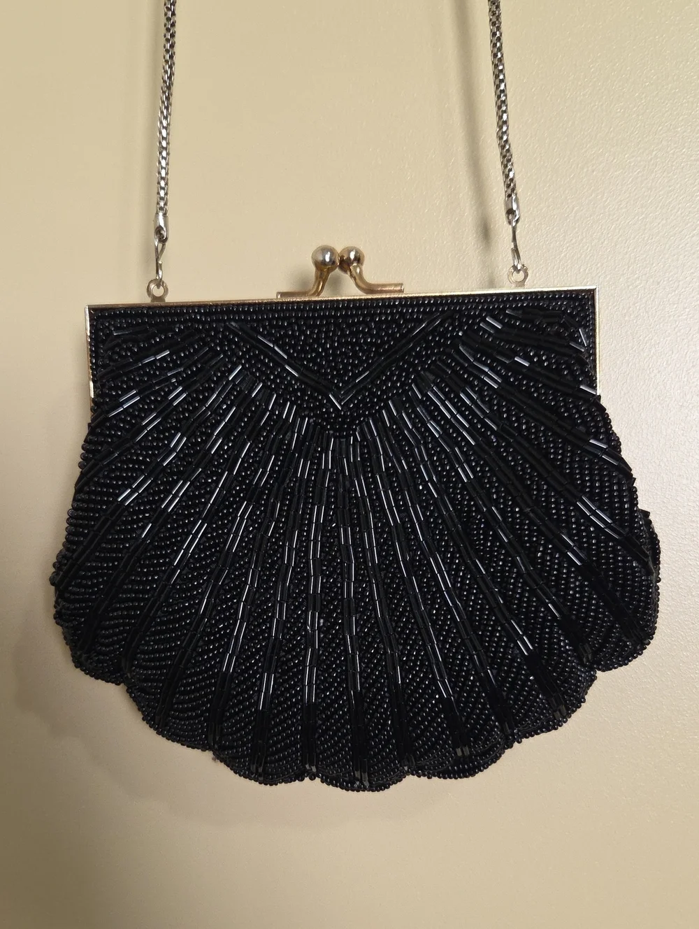 La Regale Vintage 1950's Black Beaded Shell-Style Clutch with Chain